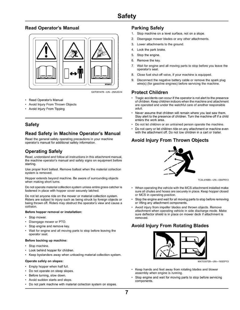 May include: A safety manual page with diagrams and text, including warnings about thrown objects and rotating blades. The manual provides instructions for safe operation and maintenance of machinery, emphasizing the importance of following safety guidelines.