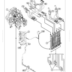 May include: Diagram of a control system layout, labeled with numbers and lines. The diagram includes components such as an engine, valves, and control levers. Text at the top reads "General Layout" and "Controlling".