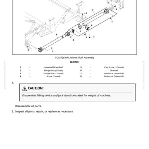 May include: Diagram of a jointed shaft assembly, labeled 'MRWD', with various components including universal driveshafts, flange nuts, and cap screws. The image includes a caution notice and instructions for disassembly and inspection.