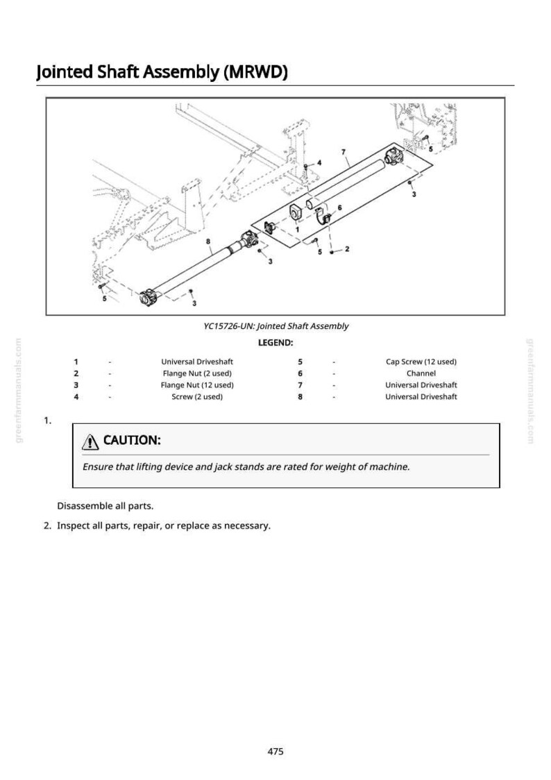 May include: Diagram of a jointed shaft assembly, labeled 'MRWD', with various components including universal driveshafts, flange nuts, and cap screws. The image includes a caution notice and instructions for disassembly and inspection.