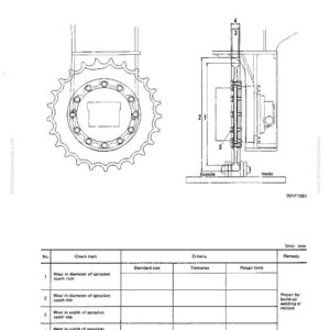 May include: Technical diagram of a sprocket, with detailed illustrations and measurements. The diagram includes side and front views of the sprocket, along with a table detailing wear measurements and repair limits. The text "SPROCKET" is at the top.