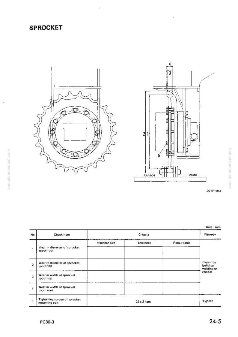 May include: Technical diagram of a sprocket, with detailed illustrations and measurements. The diagram includes side and front views of the sprocket, along with a table detailing wear measurements and repair limits. The text "SPROCKET" is at the top.