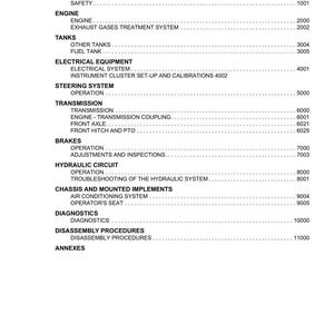 May include: A white page from an Argo Tractors manual, featuring a table of contents. The document lists sections like Engine, Tanks, Electrical Equipment, Steering System, Transmission, Brakes, Hydraulic Circuit, Chassis, Diagnostics, and Disassembly Procedures.