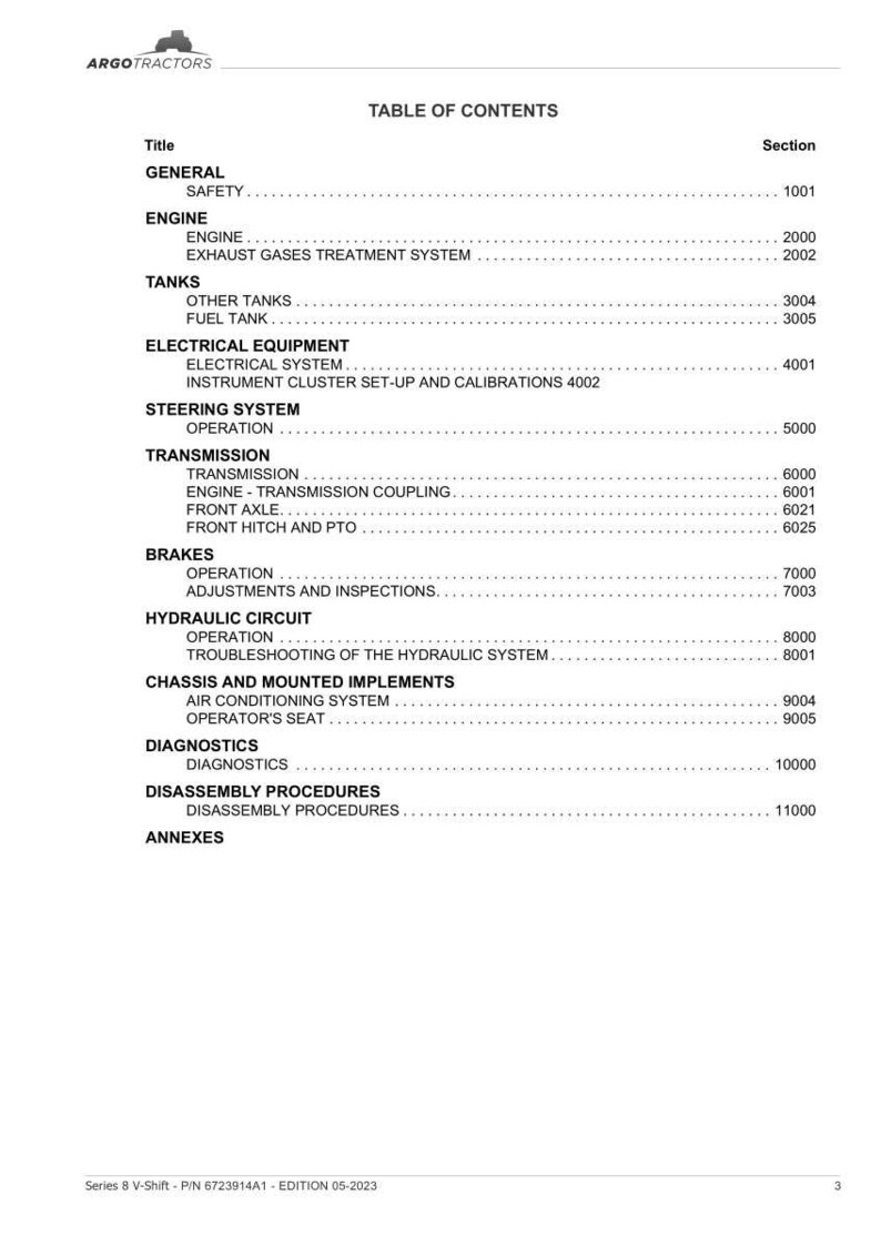 May include: A white page from an Argo Tractors manual, featuring a table of contents. The document lists sections like Engine, Tanks, Electrical Equipment, Steering System, Transmission, Brakes, Hydraulic Circuit, Chassis, Diagnostics, and Disassembly Procedures.