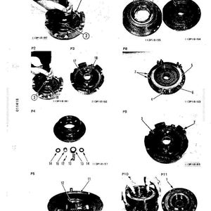 May include: An exploded diagram of mechanical components, likely for a machine or engine. Various circular and irregularly shaped parts are labeled with numbers and part numbers. The image is in black and white.