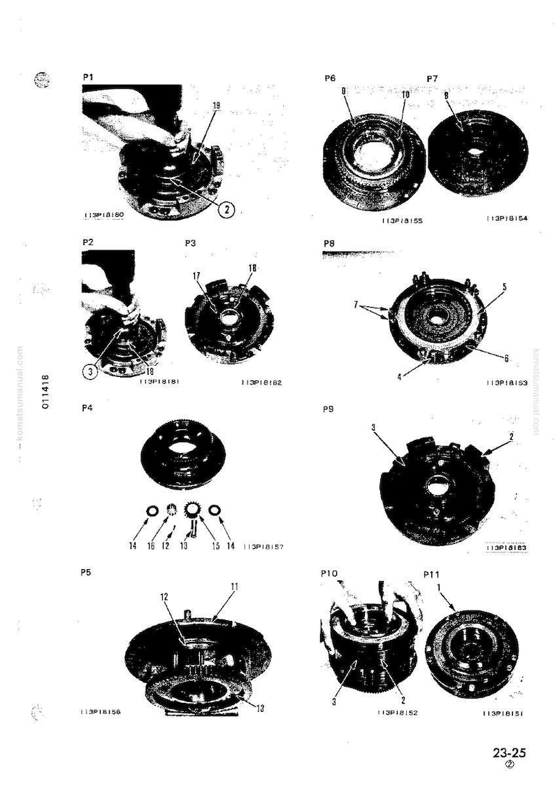 May include: An exploded diagram of mechanical components, likely for a machine or engine. Various circular and irregularly shaped parts are labeled with numbers and part numbers. The image is in black and white.