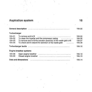 May include: A page from a manual titled "Aspiration System 18." The text includes a general description, turbocharger instructions, engine breather system details, and data dimensions. The document is dated April 1995.