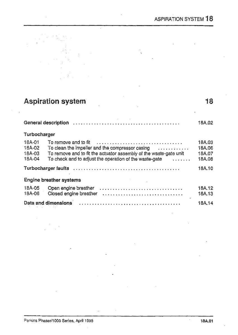 May include: A page from a manual titled "Aspiration System 18." The text includes a general description, turbocharger instructions, engine breather system details, and data dimensions. The document is dated April 1995.