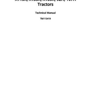 May include: A white page with black text. The text reads: X115R, X135R, X155R, 92H, 107H Tractors, Technical Manual, TM113419. Below the text is the date: Published on 23 January 2017.