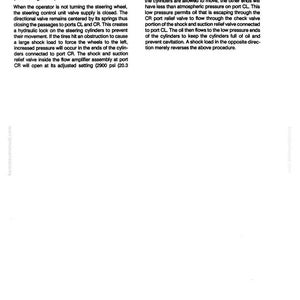 May include: A technical diagram with text detailing the function of a steering circuit under external shock load. The text explains the hydraulic lock and pressure relief mechanisms. Includes the text "No Steer, External Shock Load".