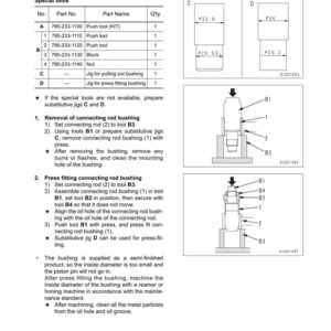 May include: Diagram of connecting rod small end bushing replacement, with part numbers and measurements. Includes diagrams of tools and steps for removal and press fitting. Text includes part names and quantities.