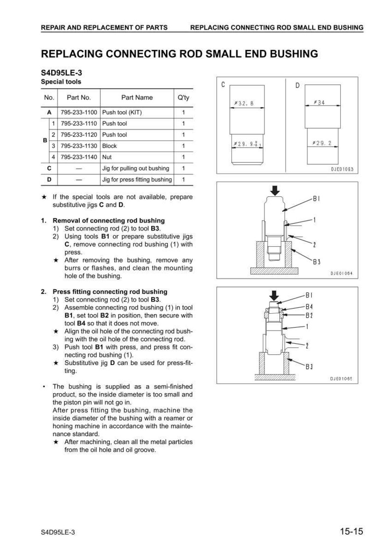 May include: Diagram of connecting rod small end bushing replacement, with part numbers and measurements. Includes diagrams of tools and steps for removal and press fitting. Text includes part names and quantities.