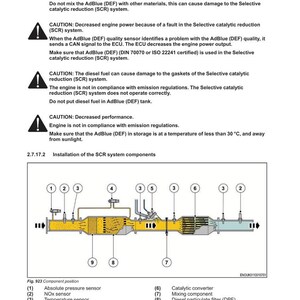 May include: Diagram of a tractor's engine fuel and exhaust system, including components like the catalytic converter and diesel particulate filter. The diagram is labeled with numbered parts and includes safety warnings about AdBlue (DEF) usage.