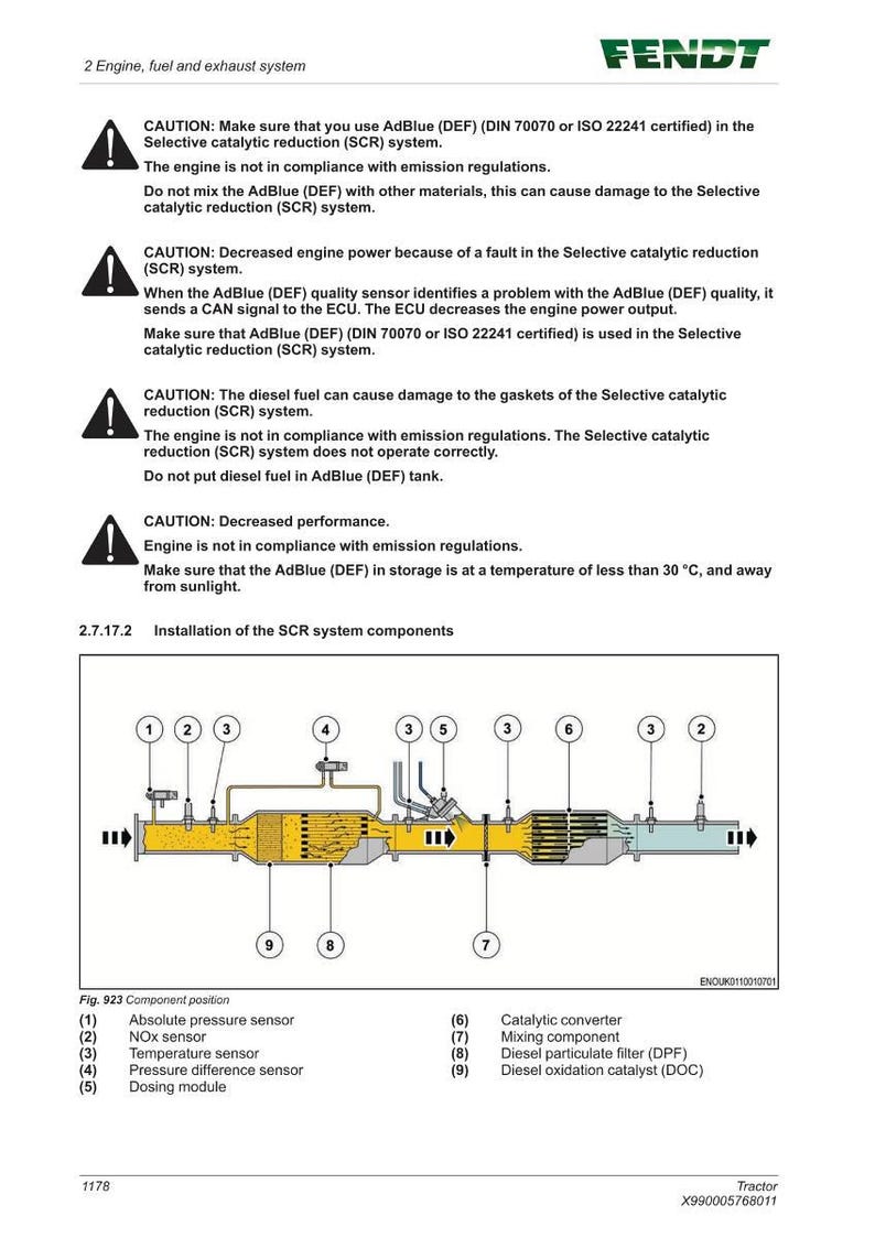 May include: Diagram of a tractor's engine fuel and exhaust system, including components like the catalytic converter and diesel particulate filter. The diagram is labeled with numbered parts and includes safety warnings about AdBlue (DEF) usage.