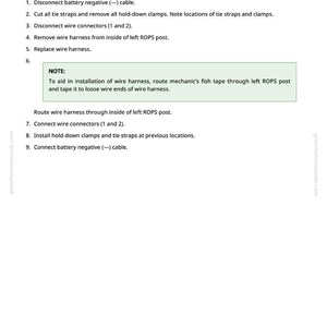 May include: A white page with text detailing automotive repair instructions. The text includes steps for disconnecting the battery, removing and replacing wire harnesses, and connecting wire connectors. The page also includes a legend and a note.