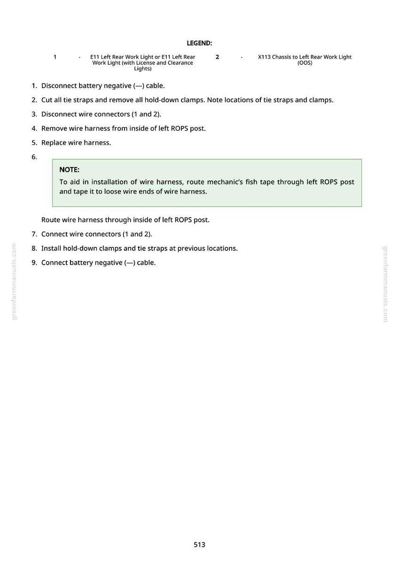 May include: A white page with text detailing automotive repair instructions. The text includes steps for disconnecting the battery, removing and replacing wire harnesses, and connecting wire connectors. The page also includes a legend and a note.