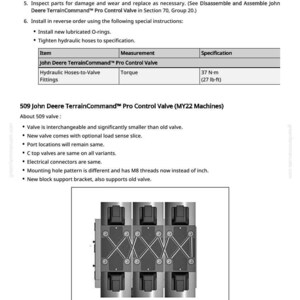 May include: A page from a manual detailing the John Deere TerrainCommand Pro control valve. The page includes instructions, specifications, and an illustration of the valve assembly. The torque specification is 27 lb-ft.