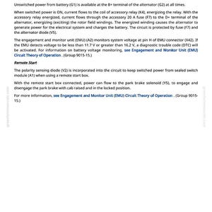 May include: A page from a greenfarmmanuals.com manual detailing the charge circuit and remote start functions. The text describes the function of the alternator, the engagement and monitor unit, and the polarity sensing diode. The page includes diagrams and technical specifications.