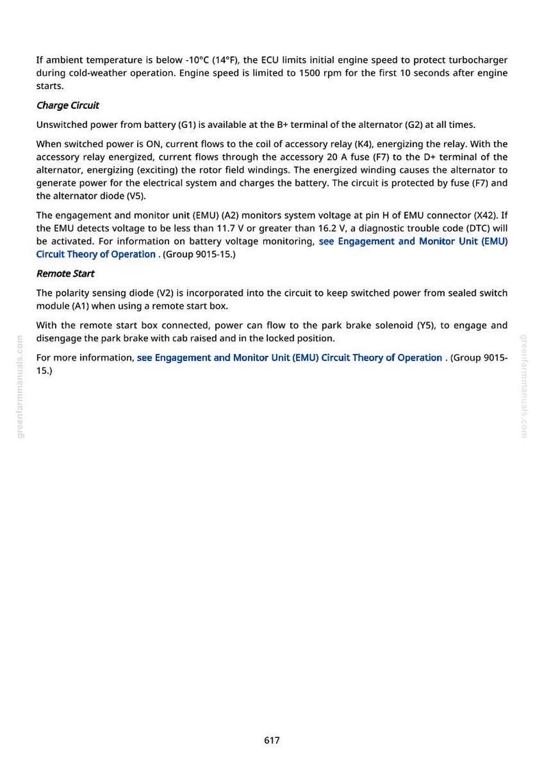 May include: A page from a greenfarmmanuals.com manual detailing the charge circuit and remote start functions. The text describes the function of the alternator, the engagement and monitor unit, and the polarity sensing diode. The page includes diagrams and technical specifications.