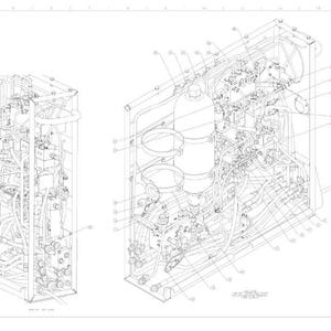May include: An engineering blueprint showing the internal components of a machine. The diagram is rendered in black and white, with detailed line drawings of various parts, including tanks, pipes, and other mechanical elements. A parts list is in the upper left.