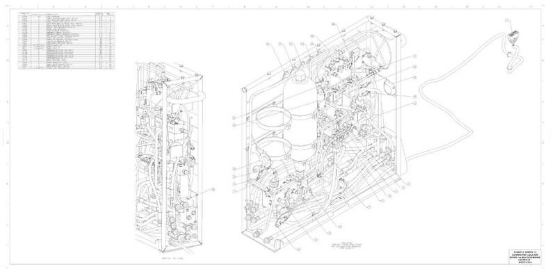 May include: An engineering blueprint showing the internal components of a machine. The diagram is rendered in black and white, with detailed line drawings of various parts, including tanks, pipes, and other mechanical elements. A parts list is in the upper left.
