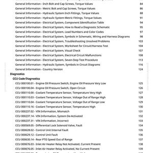 May include: A detailed table of contents from a manual, listing various topics related to vehicle systems, including electrical, hydraulic, and engine diagnostics. The page numbers are on the right side. The text is in black font on a white background.