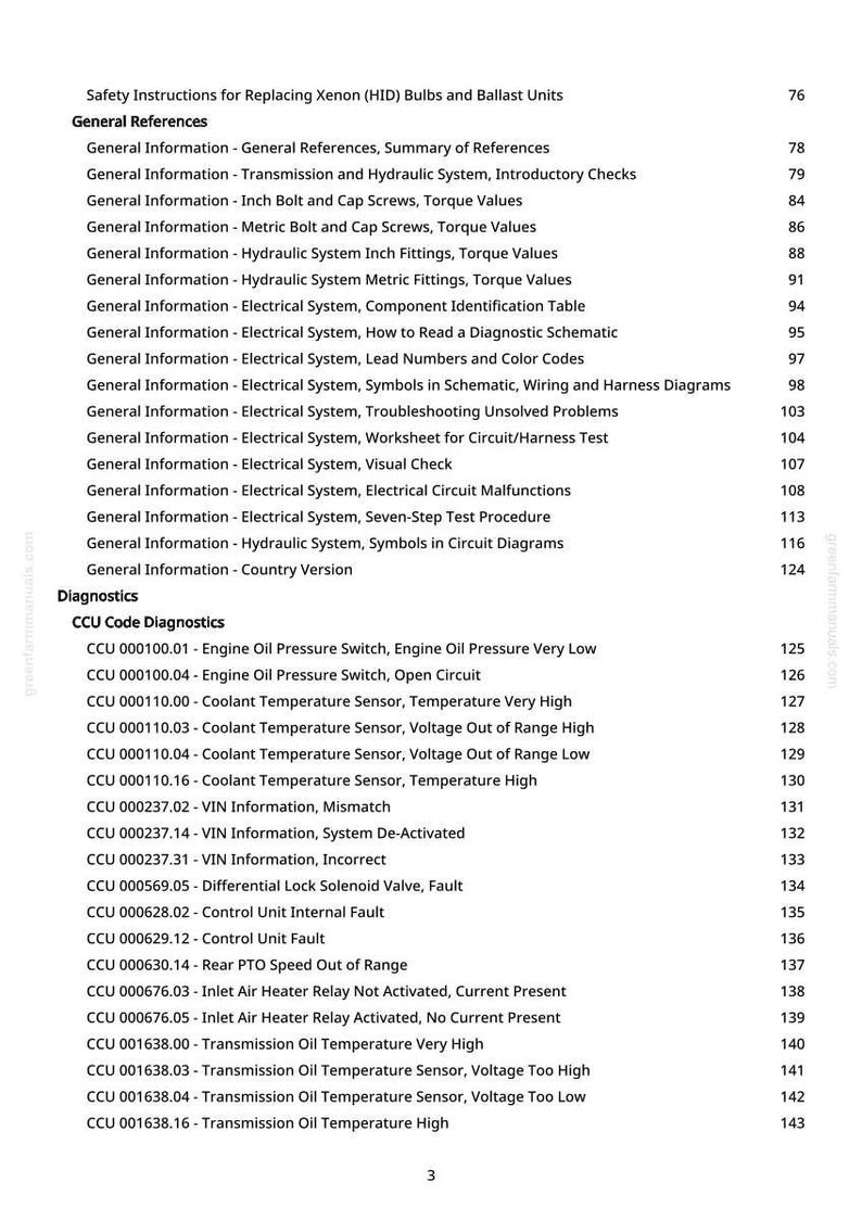 May include: A detailed table of contents from a manual, listing various topics related to vehicle systems, including electrical, hydraulic, and engine diagnostics. The page numbers are on the right side. The text is in black font on a white background.