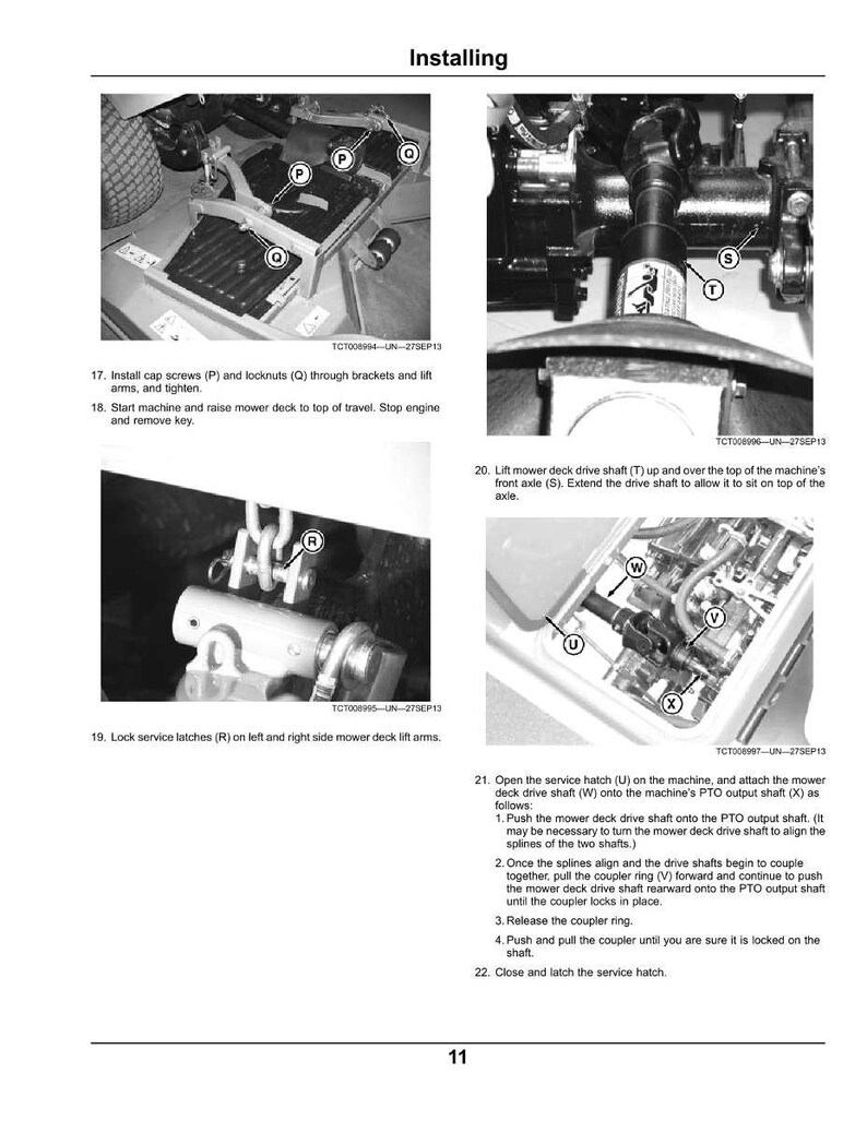 May include: Detailed instructional image from a manual, titled "Installing." It shows close-up views of machinery components with labels and step-by-step instructions. Text includes steps for installing and connecting parts, with diagrams.