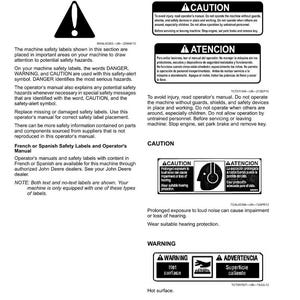 May include: A page from an operator's manual with safety labels and warnings. The text includes instructions and cautions in English and Spanish, with symbols for potential hazards like hot surfaces and loud noise.