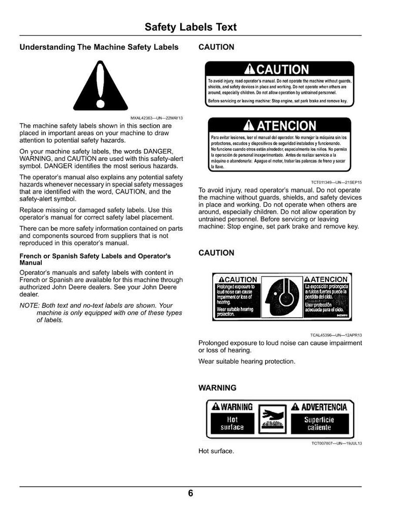 May include: A page from an operator's manual with safety labels and warnings. The text includes instructions and cautions in English and Spanish, with symbols for potential hazards like hot surfaces and loud noise.