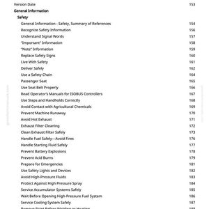 May include: A page from a manual titled "Table of Contents." The text lists safety-related topics, including "Avoid Hot Exhaust" and "Prevent Battery Explosions." The page numbers are listed on the right side.
