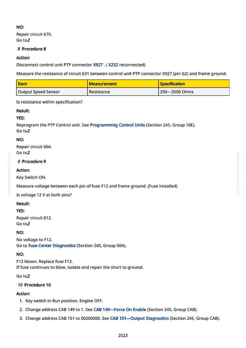 May include: A page from a manual with troubleshooting steps. The text includes instructions for checking resistance, voltage, and fuse diagnostics. The document has a table with specifications for an output speed sensor.
