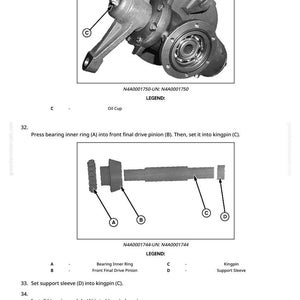 May include: Diagram showing automotive components, including a front final drive pinion, bearing inner ring, and kingpin. The image has labels and a legend for identification. The text provides assembly instructions.