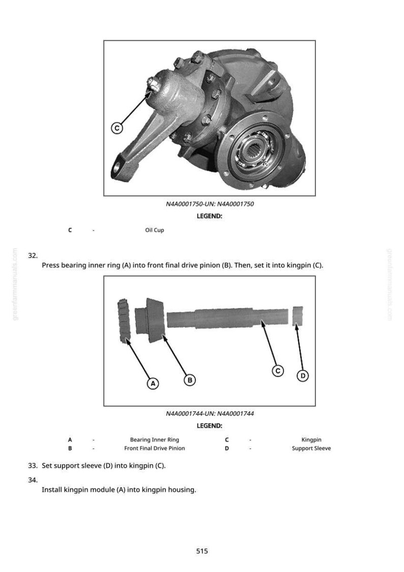 May include: Diagram showing automotive components, including a front final drive pinion, bearing inner ring, and kingpin. The image has labels and a legend for identification. The text provides assembly instructions.