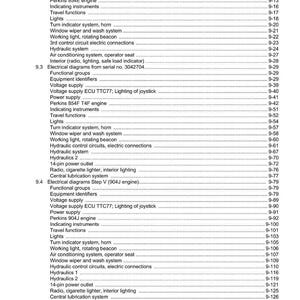 Peut inclure: Une table des mati&egrave;res d&eacute;taill&eacute;e d'un manuel, avec une liste d'identificateurs d'&eacute;quipement, d'alimentation &eacute;lectrique et de divers syst&egrave;mes tels que l'hydraulique et l'&eacute;clairage. Le document est en noir et blanc.
