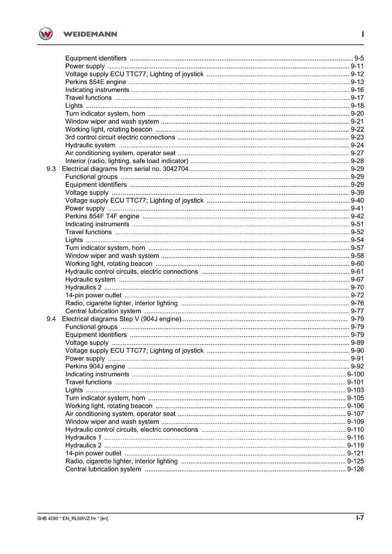 Peut inclure: Une table des mati&egrave;res d&eacute;taill&eacute;e d'un manuel, avec une liste d'identificateurs d'&eacute;quipement, d'alimentation &eacute;lectrique et de divers syst&egrave;mes tels que l'hydraulique et l'&eacute;clairage. Le document est en noir et blanc.