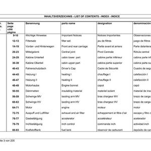 May include: A detailed list of contents in German, English, French, and Spanish. The table includes item numbers, page numbers, and descriptions of vehicle parts such as filters, cabins, and engines. The text is on a white background.