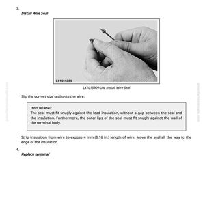 Op de afbeelding: Afbeelding uit een handleiding die de installatie van een draadafdichting toont. Een hand houdt een draad en een kleine afdichting vast. Tekst luidt "Draadafdichting installeren" en "Isolatie van draad strippen om 4 mm draad bloot te leggen."
