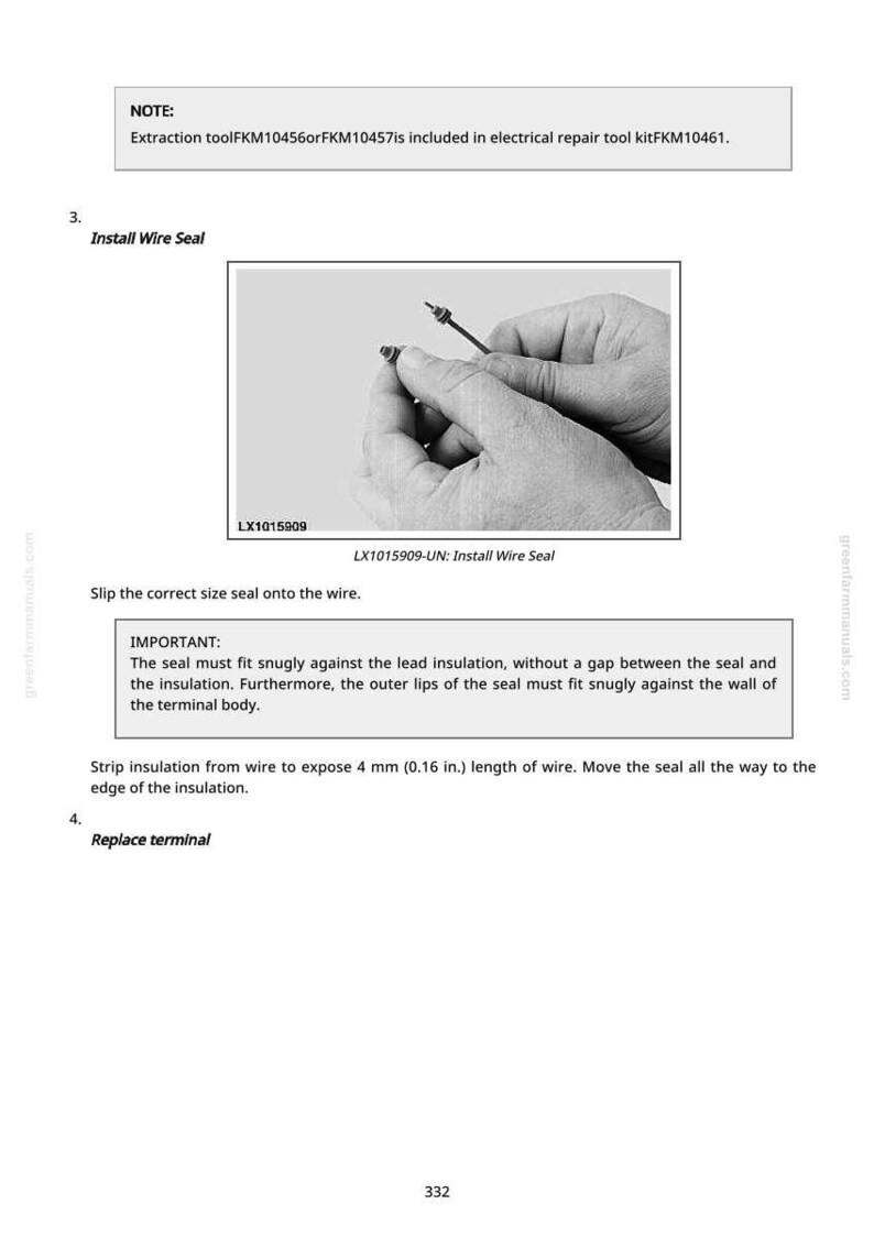 Op de afbeelding: Afbeelding uit een handleiding die de installatie van een draadafdichting toont. Een hand houdt een draad en een kleine afdichting vast. Tekst luidt "Draadafdichting installeren" en "Isolatie van draad strippen om 4 mm draad bloot te leggen."