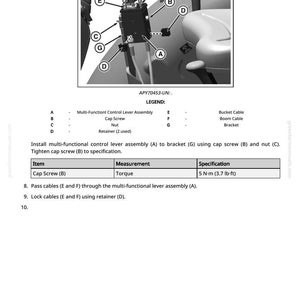 May include: Diagram of a multi-functional control lever assembly with labeled parts A through G. Includes a legend defining each part, such as cap screw, nut, and retainer. The image also provides specifications for tightening the cap screw to 5 N&middot;m (3.7 lb-ft).