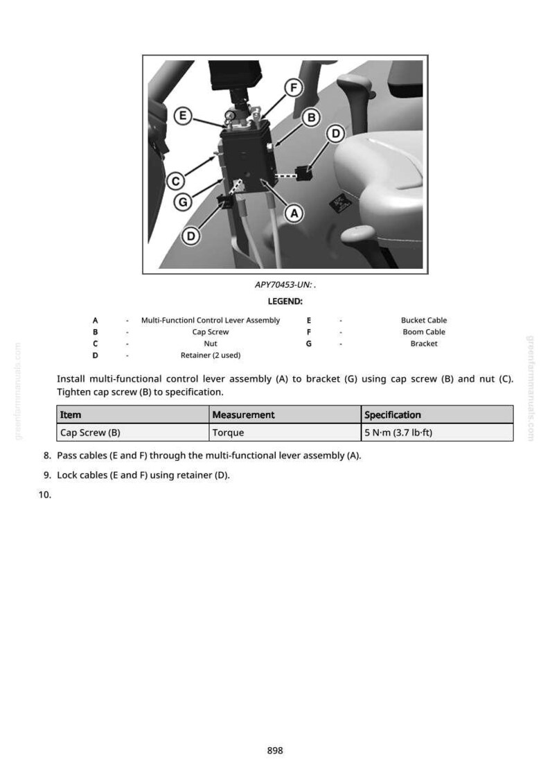 May include: Diagram of a multi-functional control lever assembly with labeled parts A through G. Includes a legend defining each part, such as cap screw, nut, and retainer. The image also provides specifications for tightening the cap screw to 5 N&middot;m (3.7 lb-ft).