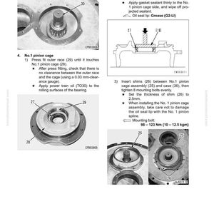 以下が含まれることがあります： 機械部品の分解と組み立てを示す技術図。ピニオンケージ、外側レース、オイルシールなどの部品の詳細なイラストが含まれています。テキストの説明と測定値も含まれています。