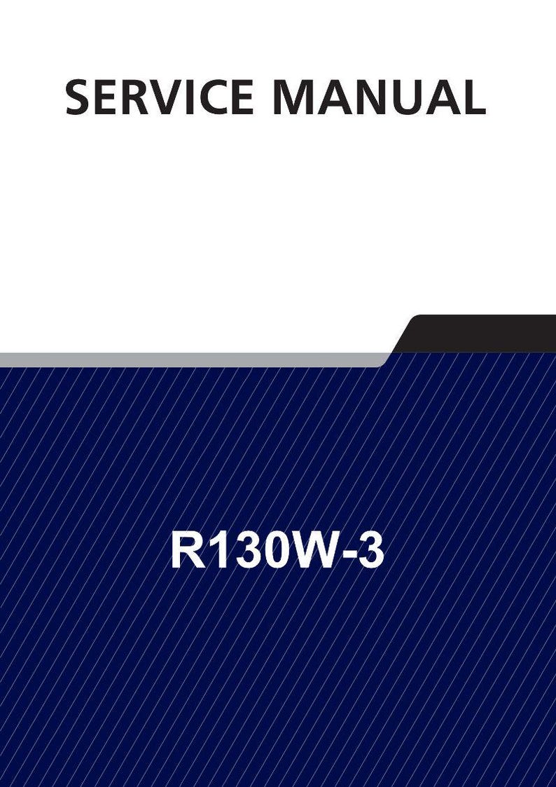 May include: A service manual with the text "SERVICE MANUAL" in bold, black letters at the top. The bottom section is dark blue with white diagonal lines and the text "R130W-3".
