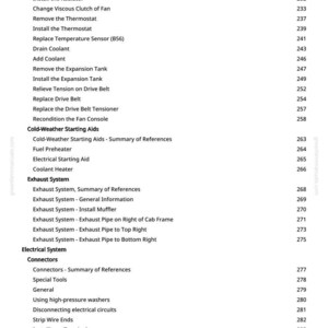 Puede incluir: P&aacute;gina de manual con procedimientos de reparaci&oacute;n automotriz, incluyendo sistema de refrigeraci&oacute;n, escape y electricidad. Texto negro sobre fondo blanco, con n&uacute;meros de p&aacute;gina a la derecha. Medidas en cm.