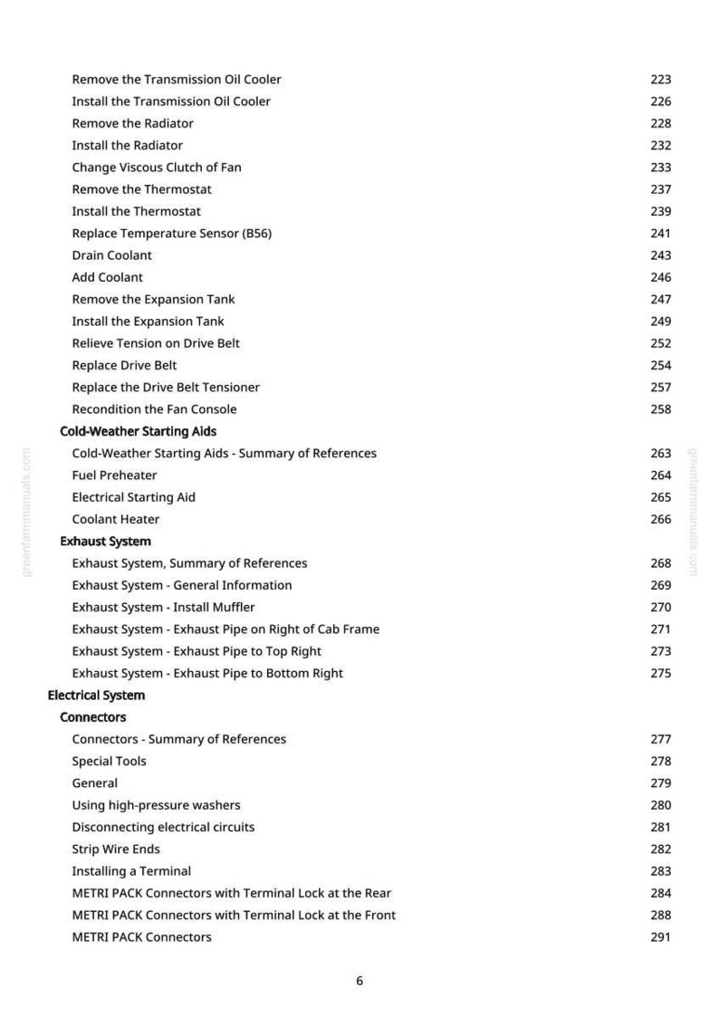 Puede incluir: P&aacute;gina de manual con procedimientos de reparaci&oacute;n automotriz, incluyendo sistema de refrigeraci&oacute;n, escape y electricidad. Texto negro sobre fondo blanco, con n&uacute;meros de p&aacute;gina a la derecha. Medidas en cm.