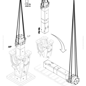 May include: Diagram of heavy machinery components, including a rectangular column with a circular top, suspended by cables. A warning sign indicates a weight of 2460 lb. The image also shows other machine parts and arrows.