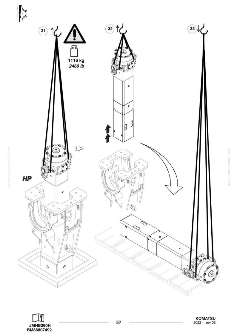 May include: Diagram of heavy machinery components, including a rectangular column with a circular top, suspended by cables. A warning sign indicates a weight of 2460 lb. The image also shows other machine parts and arrows.