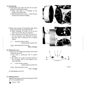 Puede incluir: P&aacute;gina de un manual t&eacute;cnico que muestra las instrucciones de desmontaje y montaje de una carcasa de eje. Los diagramas ilustran el proceso, con texto que proporciona una gu&iacute;a paso a paso. Incluye especificaciones de par en kgm.