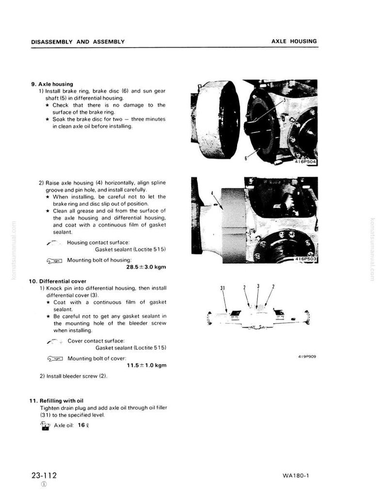 Puede incluir: P&aacute;gina de un manual t&eacute;cnico que muestra las instrucciones de desmontaje y montaje de una carcasa de eje. Los diagramas ilustran el proceso, con texto que proporciona una gu&iacute;a paso a paso. Incluye especificaciones de par en kgm.
