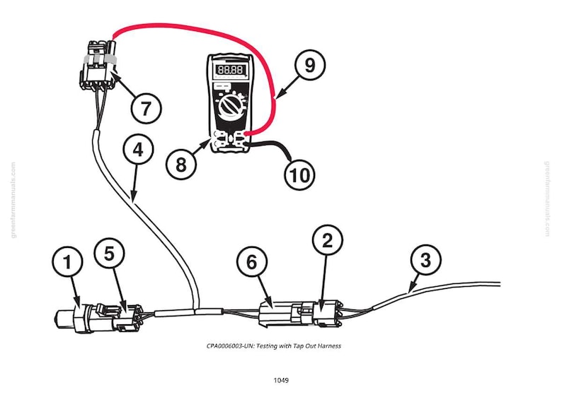Pode incluir: Diagrama de componentes el&eacute;tricos e fia&ccedil;&atilde;o, com um mult&iacute;metro exibindo "88.88". A imagem mostra pe&ccedil;as numeradas, conectores e um fio vermelho conectando o mult&iacute;metro a um componente. O texto na parte inferior diz "Testing with Tap Out Harness".